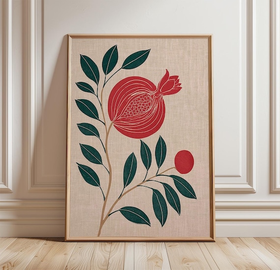 Red Pomegranate Botanical Illustration Poster With Green Leaf Branch