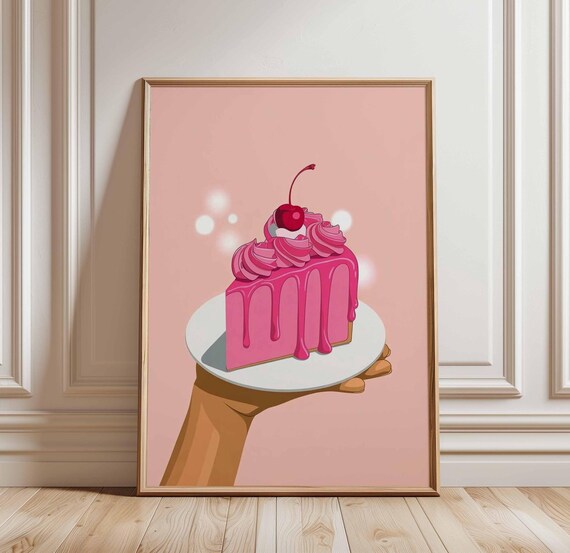 Pink Drip Cake Slice with Cherry Kawaii Dessert Pop Art Poster