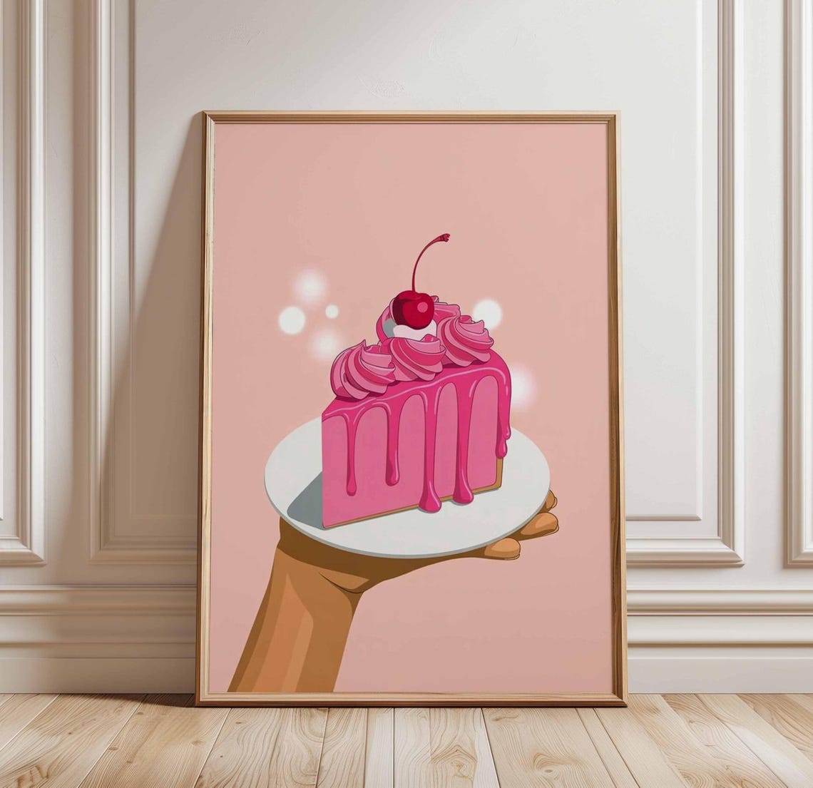 Pink Cake Slice Poster Cute Dessert Pop Art Print Cherry Drizzle Wall Kawaii Kitchen Decor Girly Food Illustration