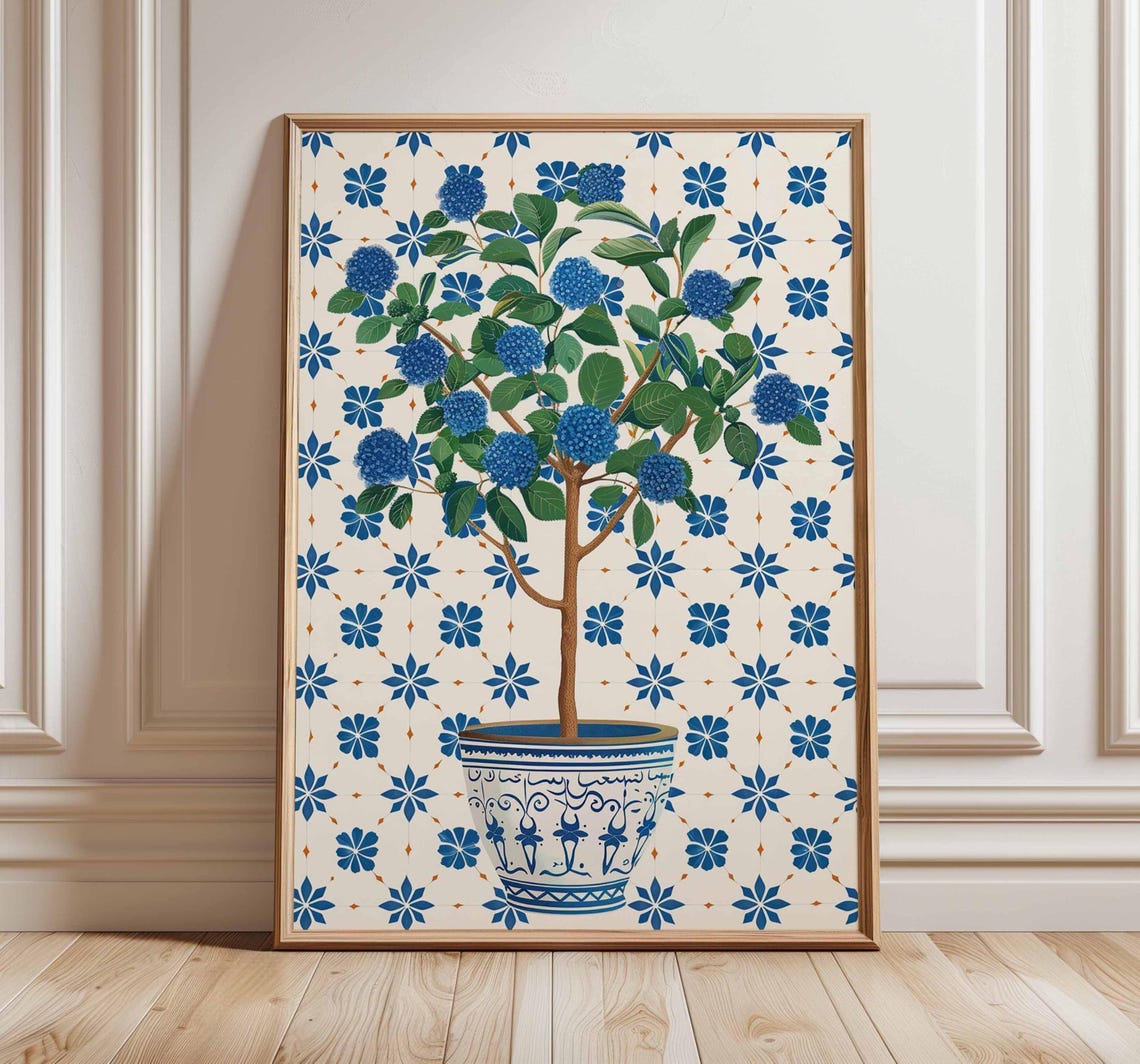 Blue Topiary Tree In A Ceramic Pot Blue Tile Botanical Poster