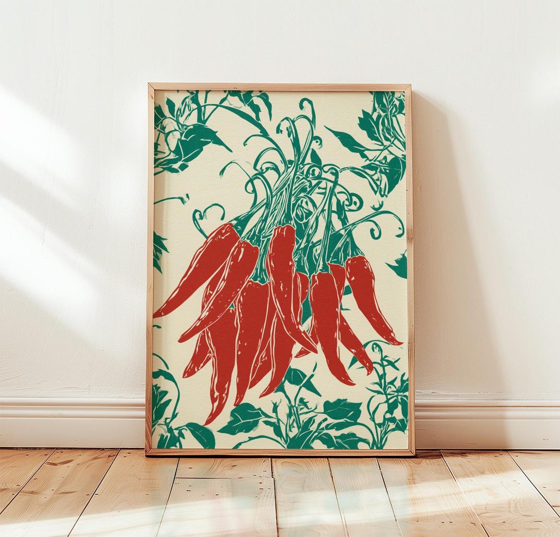 Red Chili Pepper Cluster Bold Kitchen Wall Decor Botanical Art Poster