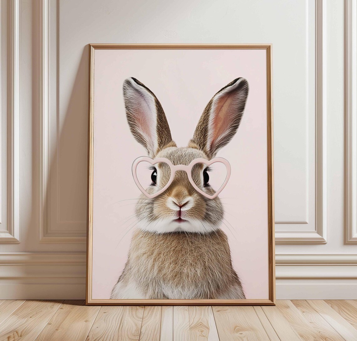 Cute Bunny Poster With Heart Glasses, Nursery Decor