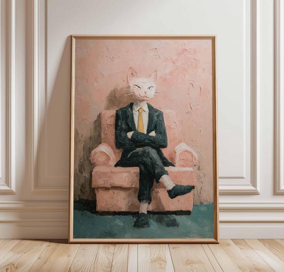 Business Cat Art Print Suited Wall Whimsical In Chair Poster Modern Pink Office Decor Funny Animal Portrait Artwork