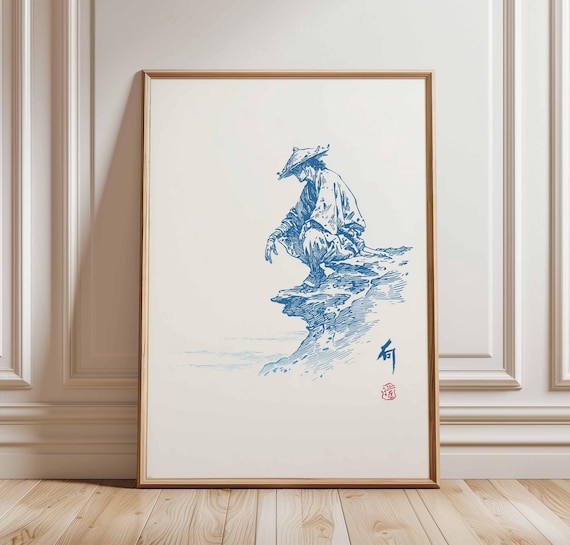Samurai Japanese Ink Drawing Poster, Zen Minimalist
