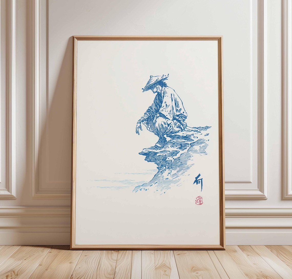 Samurai Japanese Ink Drawing Poster, Zen Minimalist