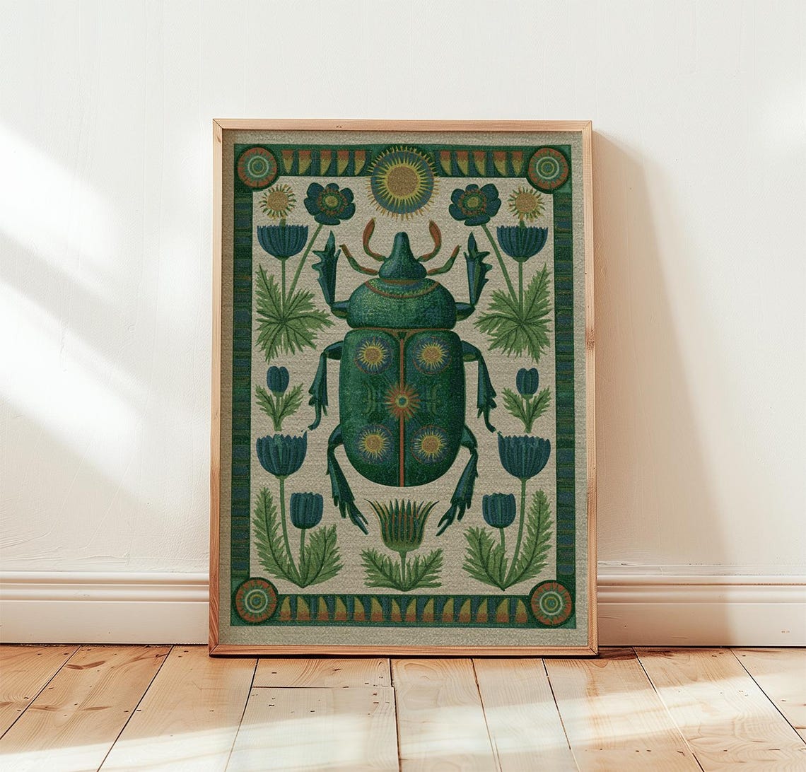 Green Scarab Beetle Print Botanical Folk Wall Art Screen Poster