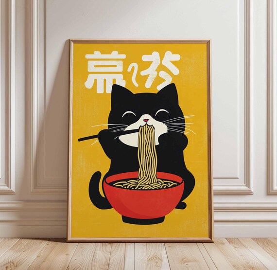 Black Cat Slurping Ramen Noodles Yellow Retro Kitchen Poster