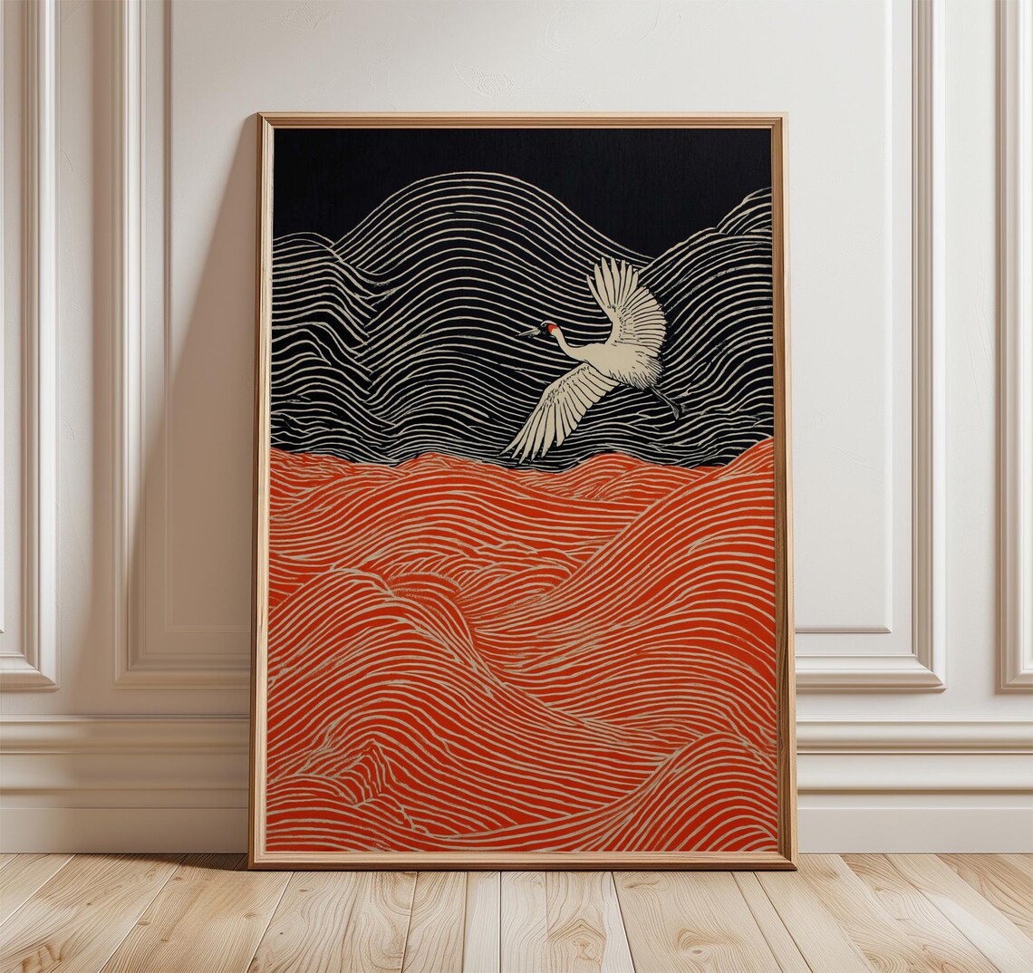 Japanese Wave Bird Minimal Line Art, Ocean Illustration