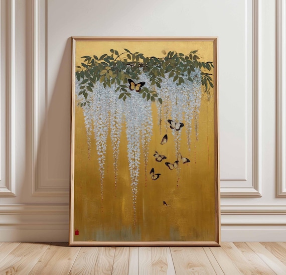 Japanese Gold Butterfly And Blossom Poster Wisteria Wall Art Print Elegant Botanical Decor Asianinspired Nature Artwork Floral