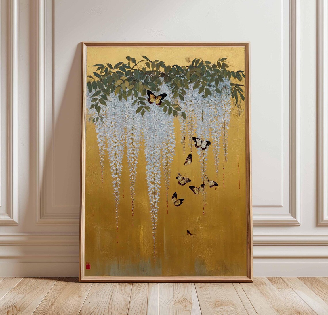 White Wisteria Blossoms Butterflies Gold Japanese Style Art Poster
