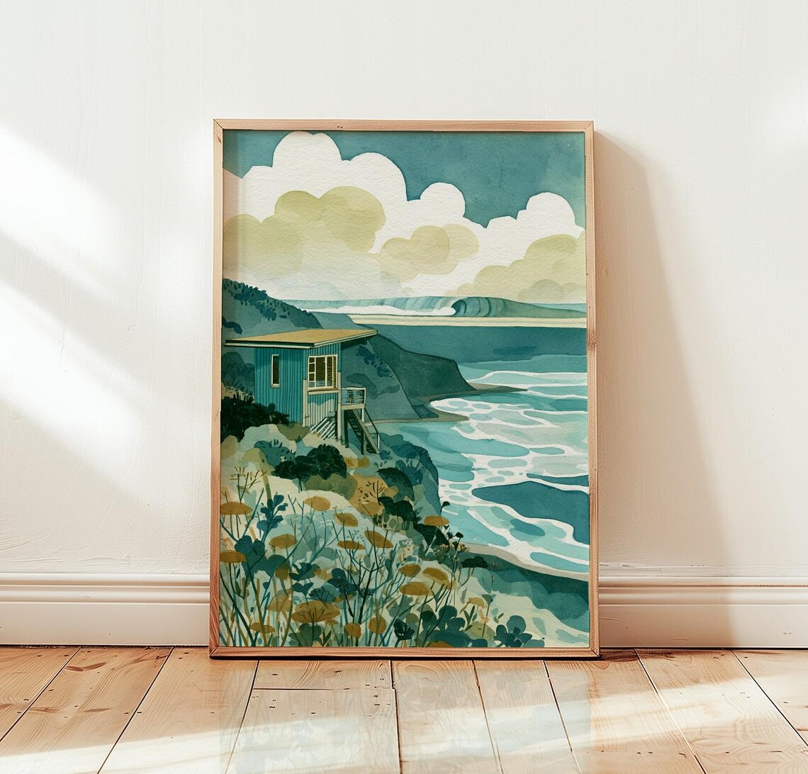 Coastal Cliff House Watercolor Poster, Ocean View