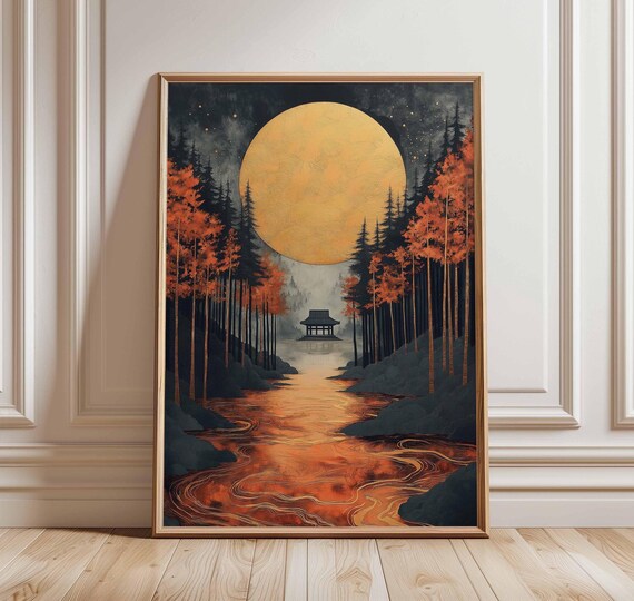 Golden Moon Over Autumn Forest With Japanese Temple River Poster