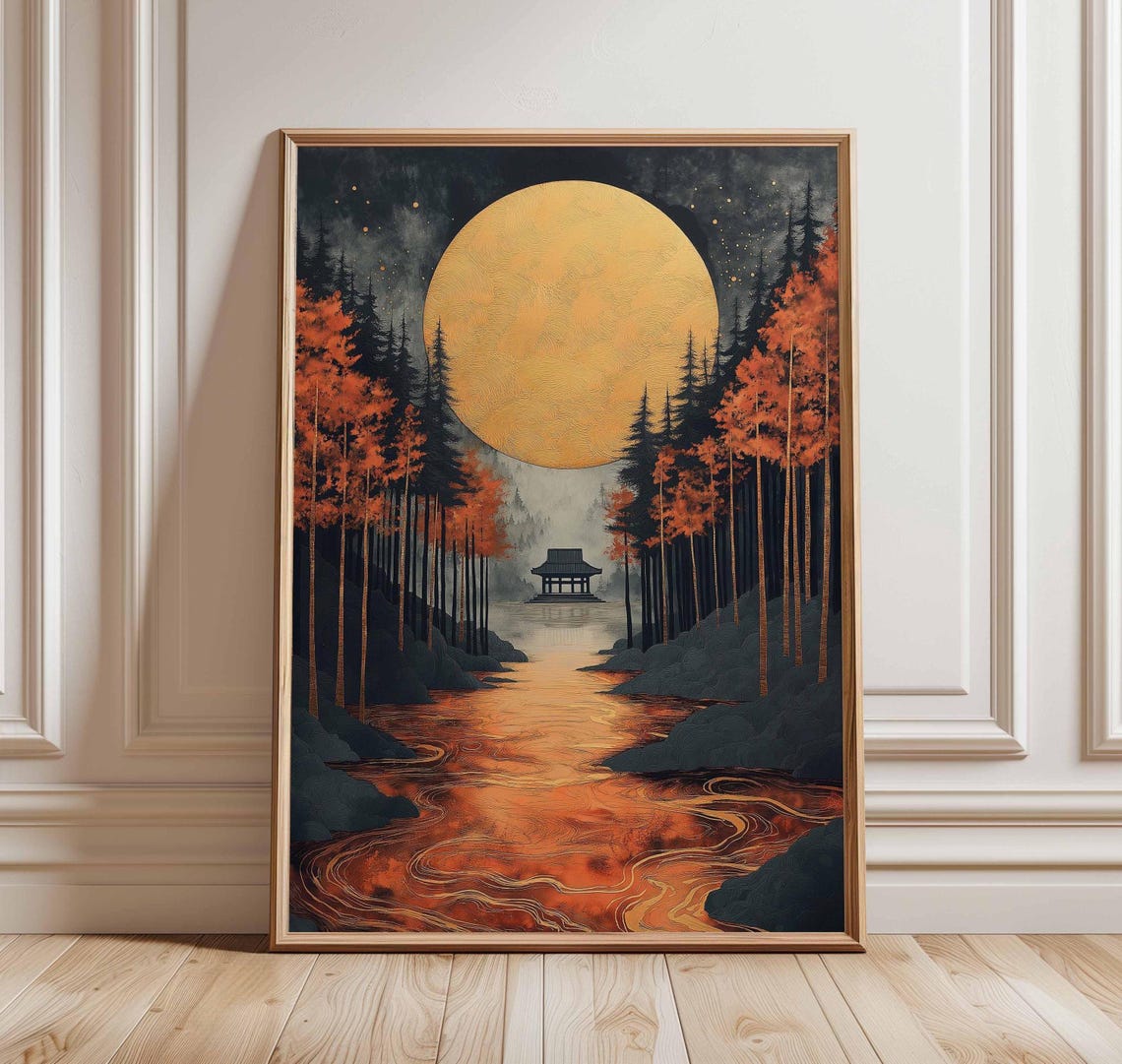 Golden Moon Over Autumn Forest With Japanese Temple River Poster