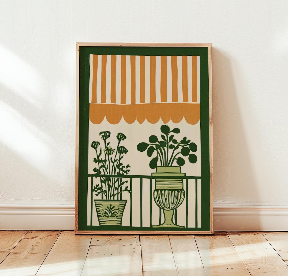 Green Balcony Mediterranean Plant Woodblock Poster