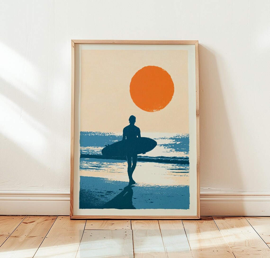 Vintage Surfer Silhouette Big Orange Sun Beach Mid Century Modern Poster