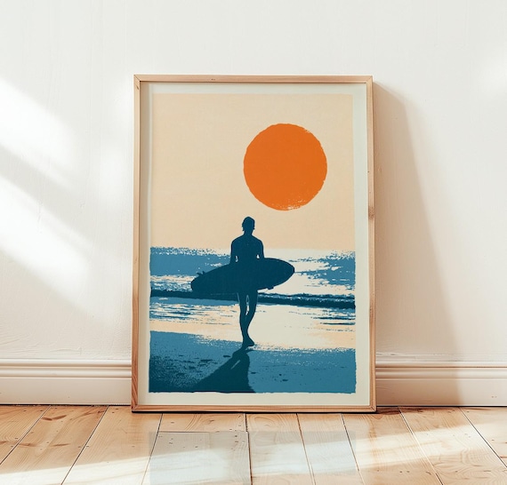 Vintage Surfer Silhouette Big Orange Sun Beach Mid Century Modern Poster