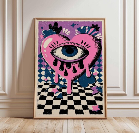 Melting Pink Heart Eyeball Trippy Surreal Pop Art Wall Poster