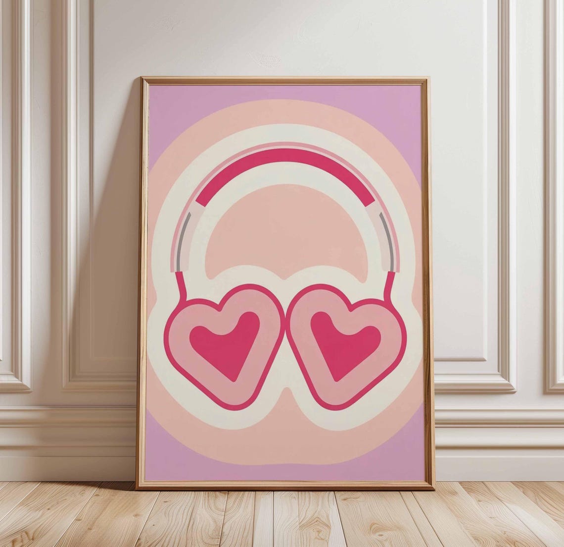 Pink Heart Headphones Retro Pop Art Music Lover Funky Wall Poster