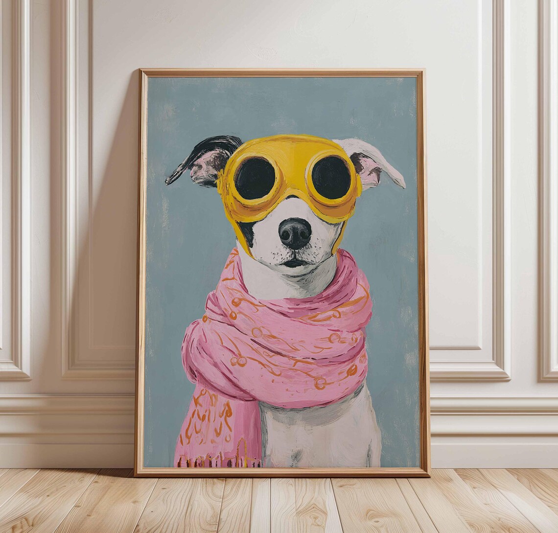 Funny Playful Dog In Yellow Goggles And Pink Scarf Art Print