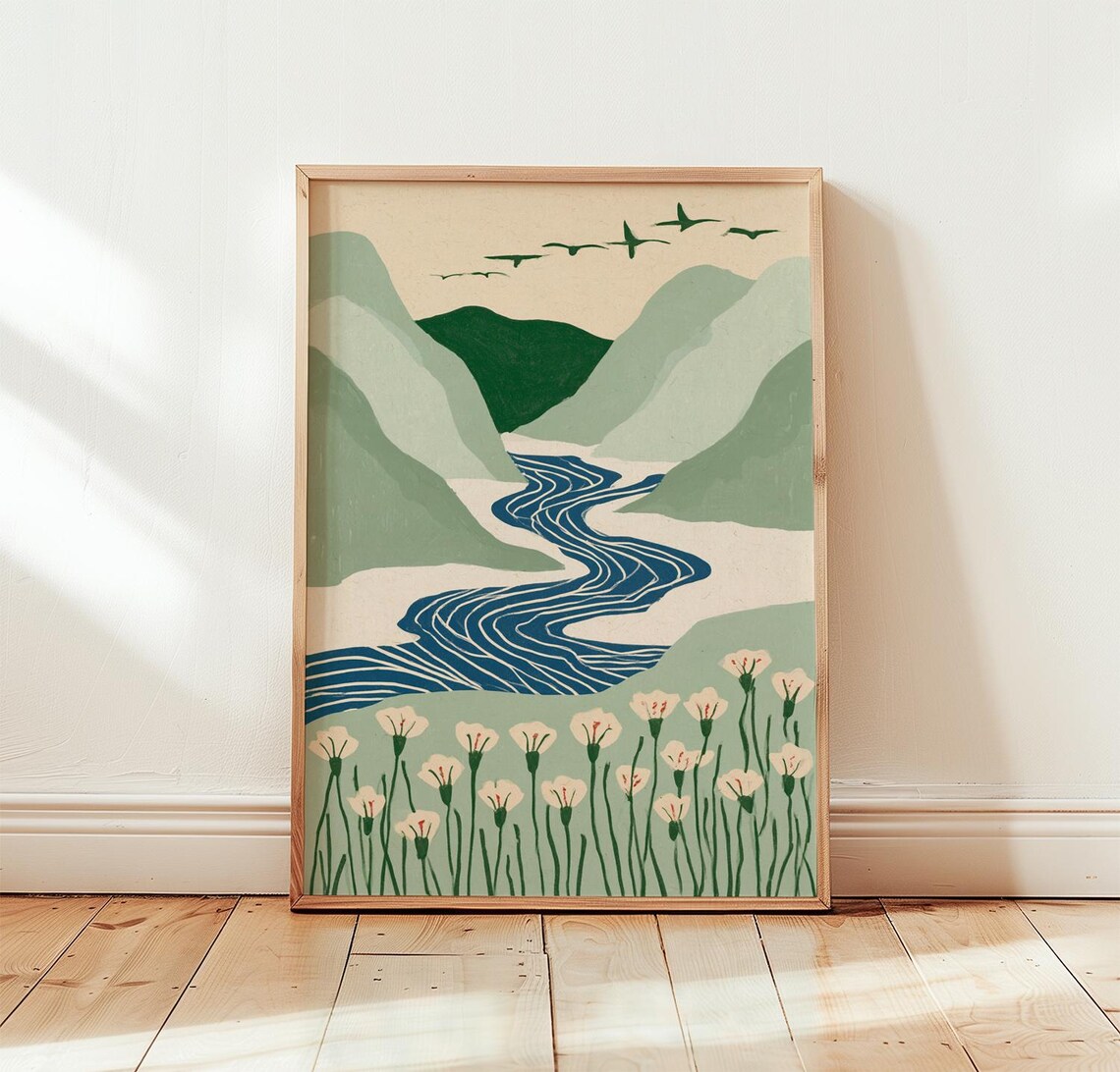 Mountain River Landscape, Scenic Folk Decor Poster