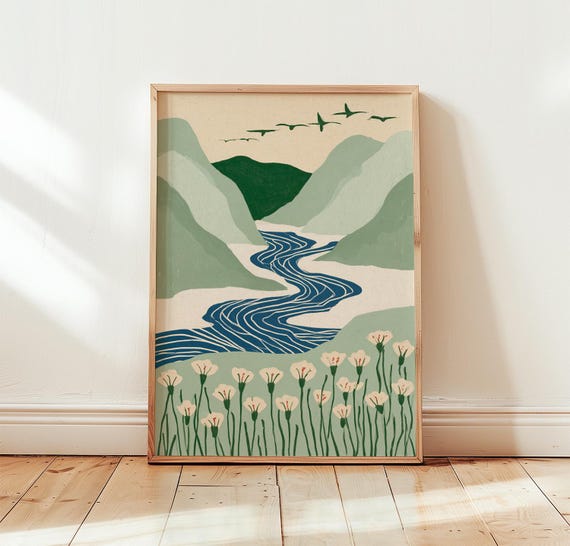 Mountain River Landscape, Scenic Folk Decor Poster