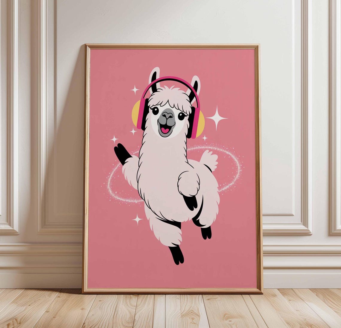 Dancing Llama With Headphones Pink Cute Funny Animal Party Poster