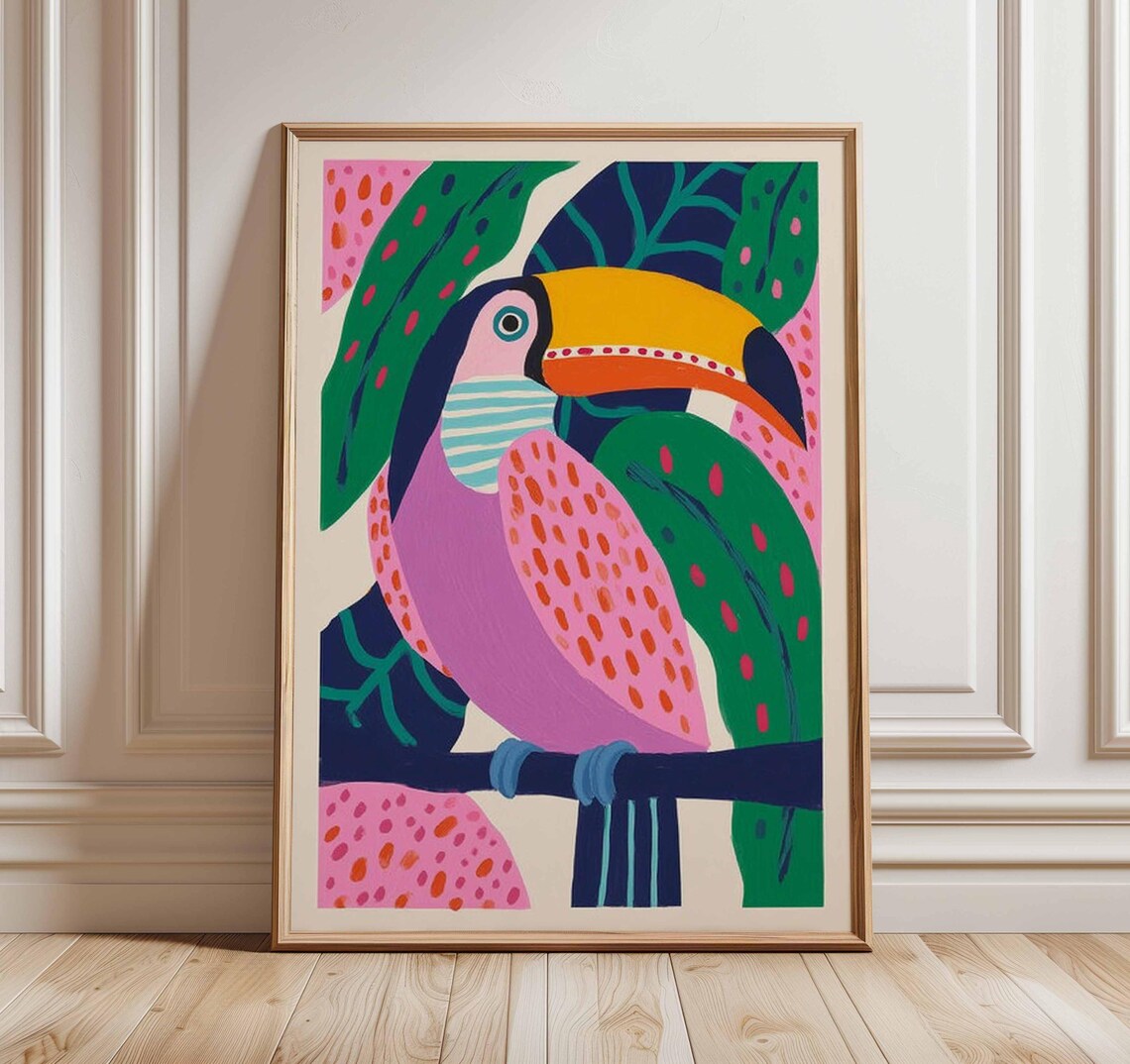 Maximalist Pink Toucan In Tropical Leaves Bold Colorful Art Poster