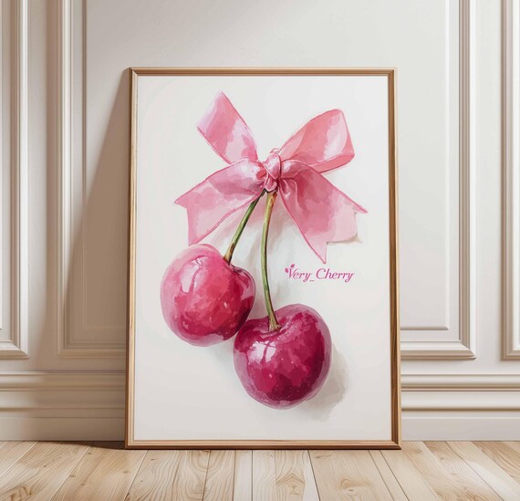 Watercolor Cherries with Pink Ribbon Bow Coquette Style Poster