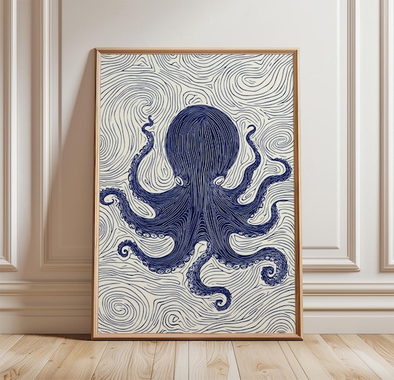 Navy Blue Octopus With Swirling Waves Ocean Line Art Illustration Poster