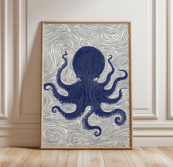 Octopus Linocut Poster Blue Ocean Animal Print Coastal Wall Art