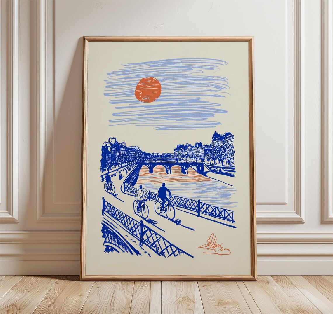 Paris Bridge Cycling Travel Poster, French Wall Art