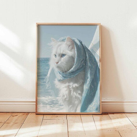 Elegant White Cat Blue Scarf Coastal Ocean Whimsical Portrait Poster