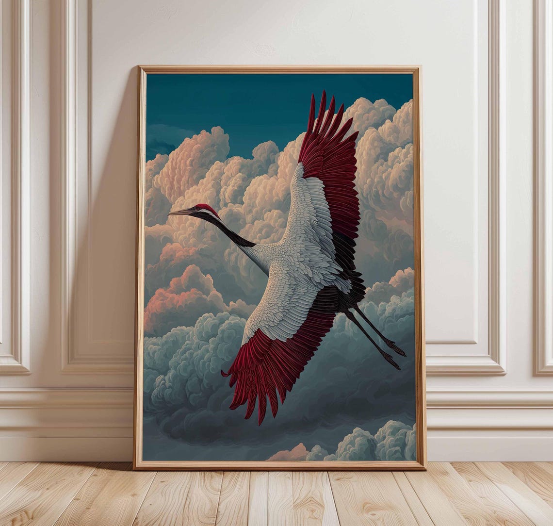 Majestic Red Crowned Crane Soaring Through Towering Clouds Poster