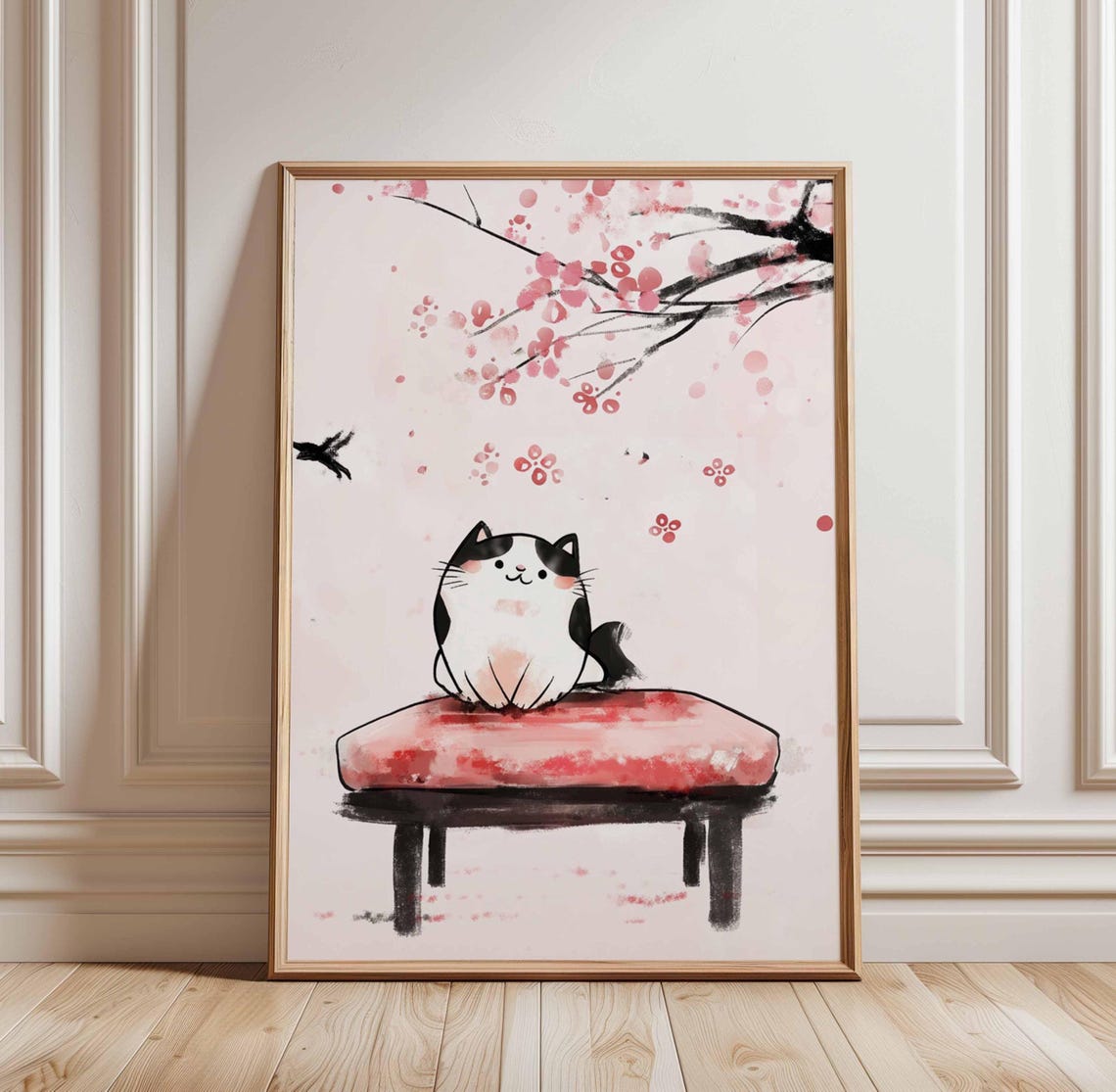 Kawaii Cat and Cherry Blossom Art Print