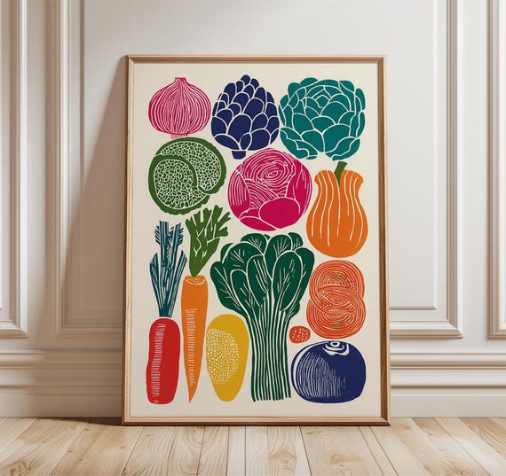 Vegetable Kitchen Wall Art, Retro Farmers Market