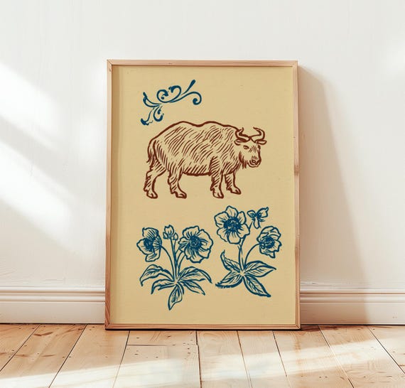 Wild Yak Botanical Poster Folk Animal Wall Art Vintage Nature Print