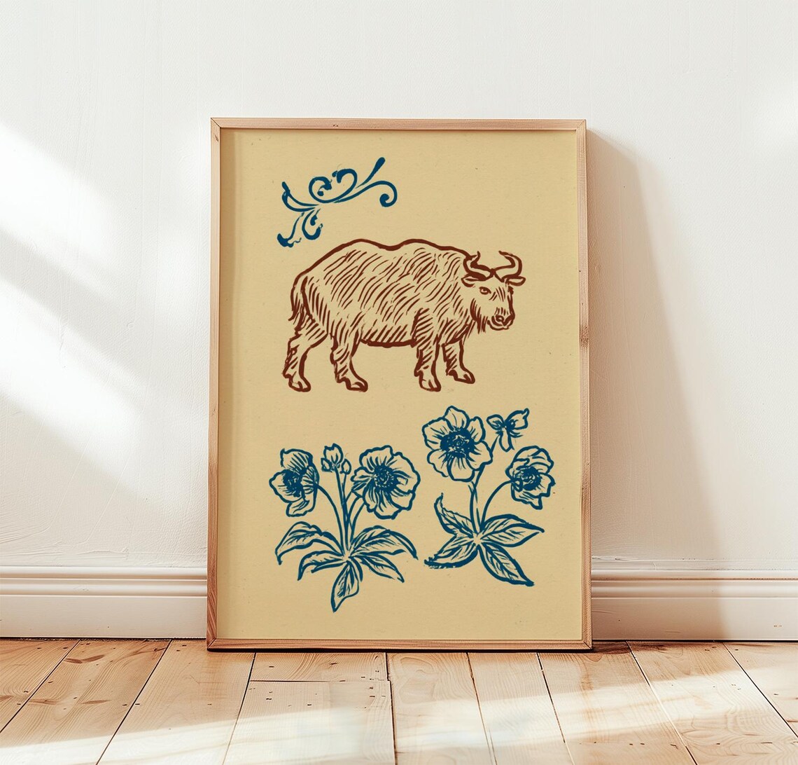 Brown Yak Animal Engraving With Blue Wildflowers Vintage Poster