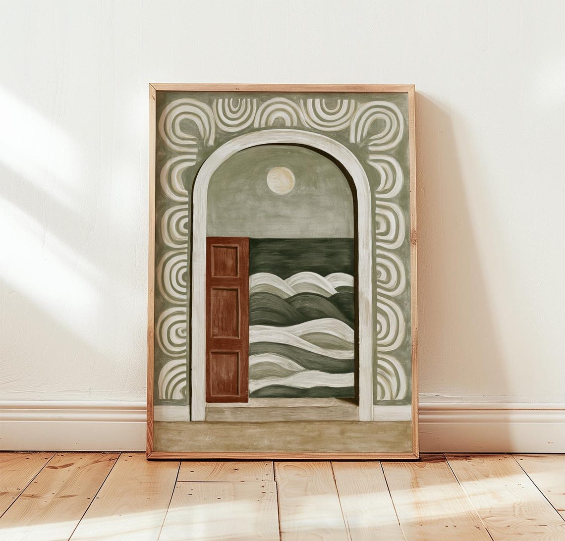 White Arched Door Opens To The Sea Minimal Coastal Art Poster