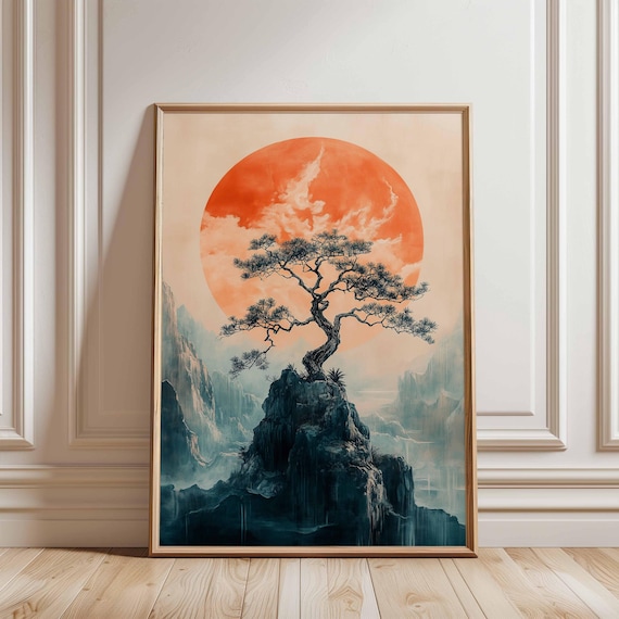 Japanese Sun Tree, Minimalist Zen Landscape Art Print