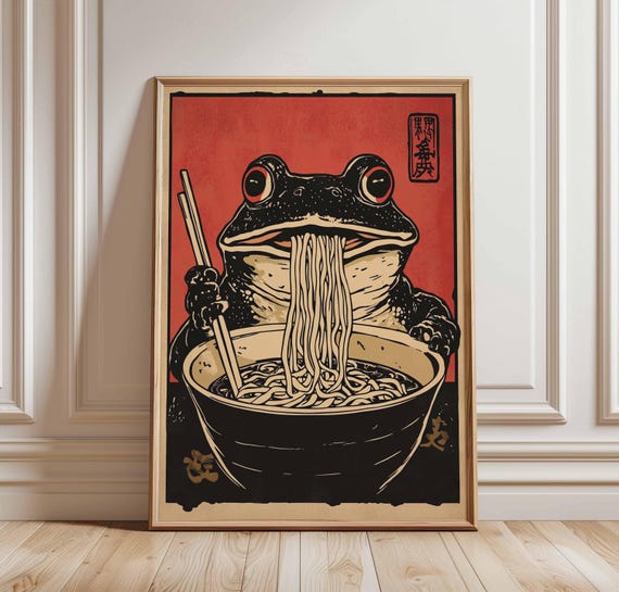 Frog Eating Ramen Poster Japaneseinspired Noodle Art Cute With Chopsticks Fun Animal Illustration Quirky Kitchen Decor