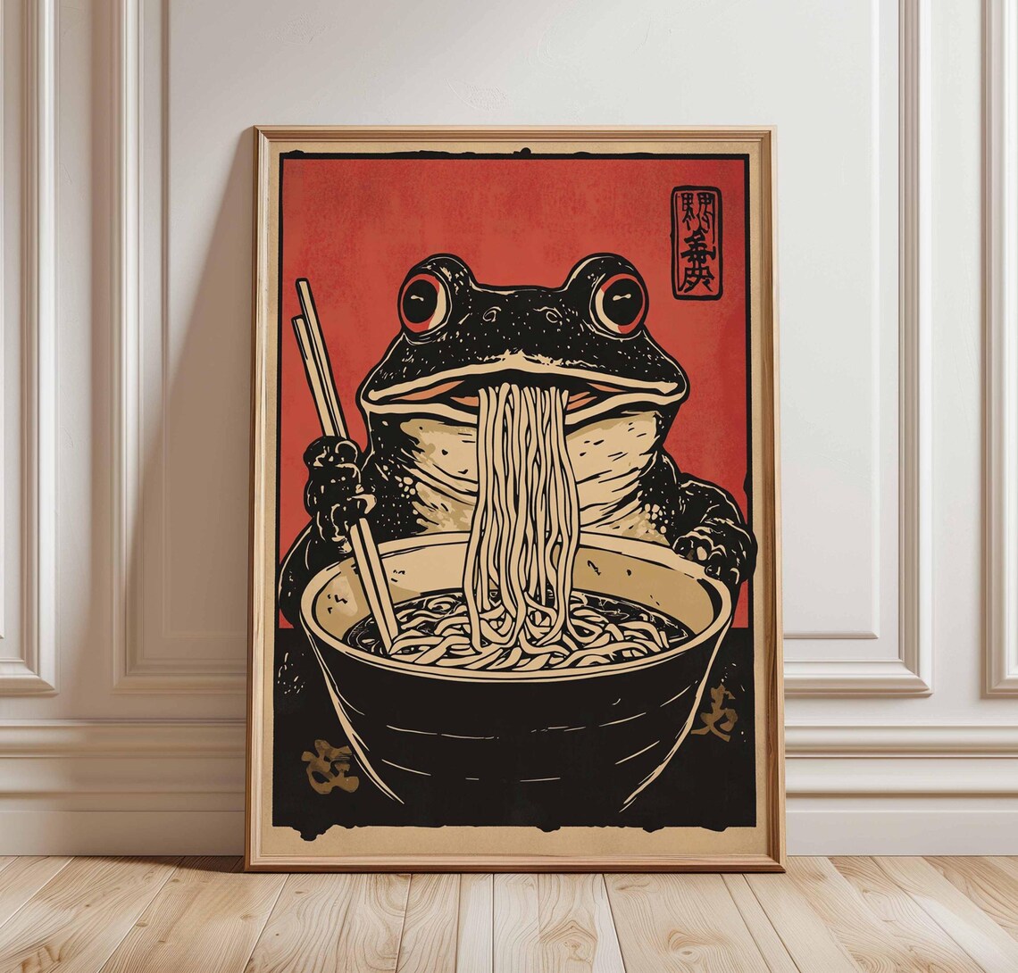 Frog Eating Ramen Poster Japanese Woodblock Quirky Kitchen Illustration