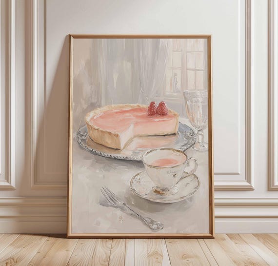 Raspberry Tart And Tea Poster Elegant French Patisserie Wall Art Soft Pastel Dessert Print Vintage Cafe Kitchen Decor