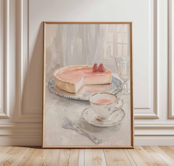 Raspberry Tart Tea Cup Pink Patisserie Watercolor Kitchen Print