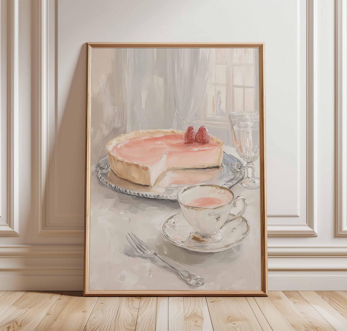 Raspberry Tart Tea Cup Pink Patisserie Watercolor Kitchen Print