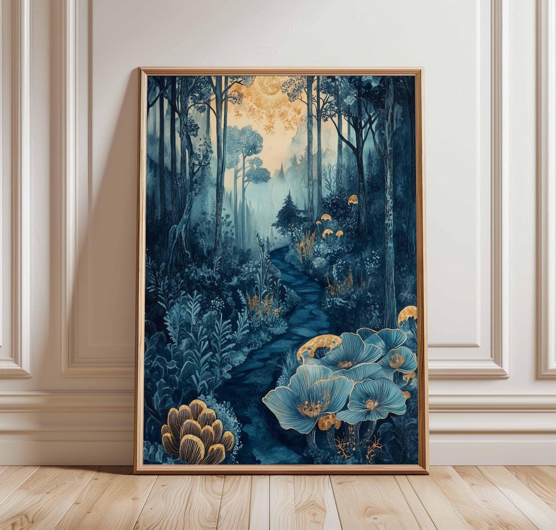 Enchanted Midnight Forest Botanical Poster with Golden Moonlight