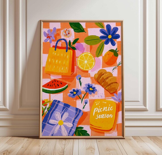 Picnic Season Flat Lay Poster Summer Fruits Flowers Checkered Blanket