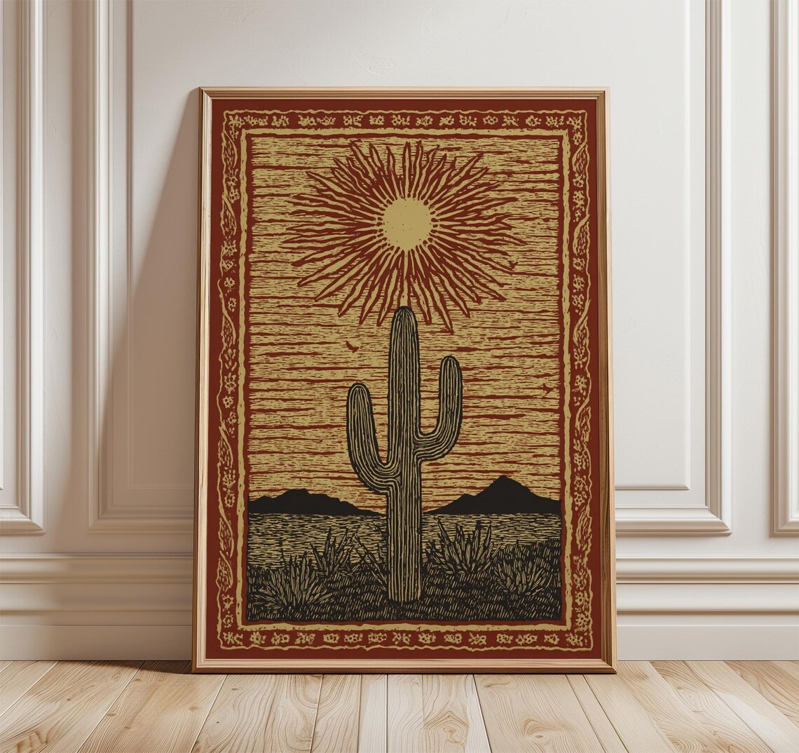 Desert Cactus Sun Poster, Rustic Southwest Folk