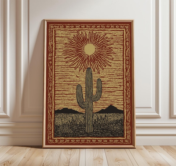 Desert Cactus Sun Poster, Rustic Southwest Folk
