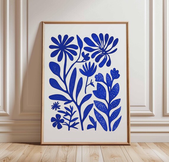 Blue Floral Poster Minimalist Flower Art Print Bold Wall Decor Contemporary Artwork Modern Botanical