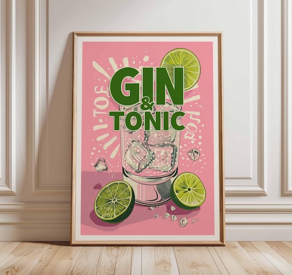 Gin and Tonic Retro Cocktail Poster Pink Bar Decor Lime Ice Art
